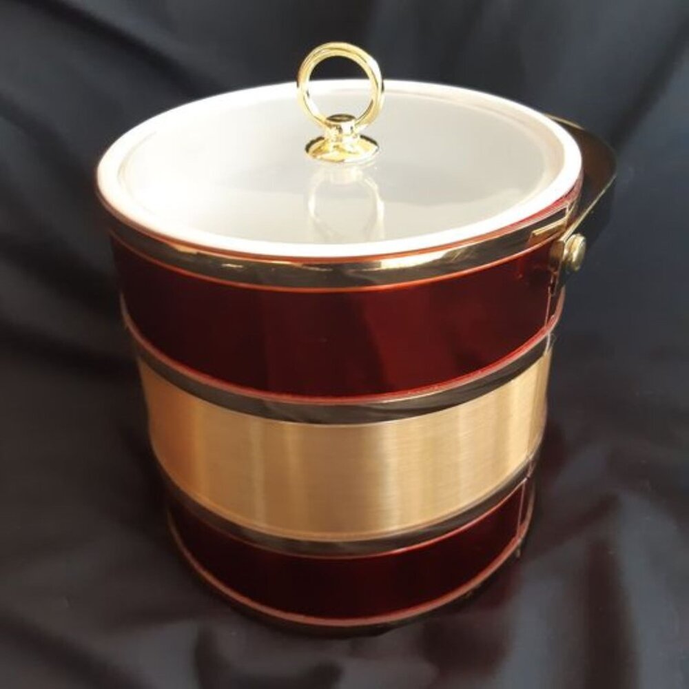 VTG MCM Shelton Ware Ice Bucket w/Handle Lucite Lid Red & Gold Christmas Colors